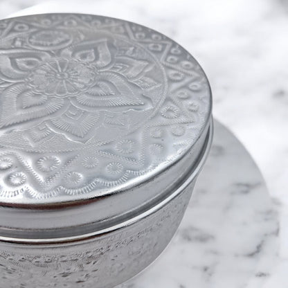 Engraved Aluminum Storage Container with Lid – Traditional Middle Eastern Decorative Box for Spices, Jewelry & Dry Foods (H 8cm × L 15cm × W 15cm) - Damoo