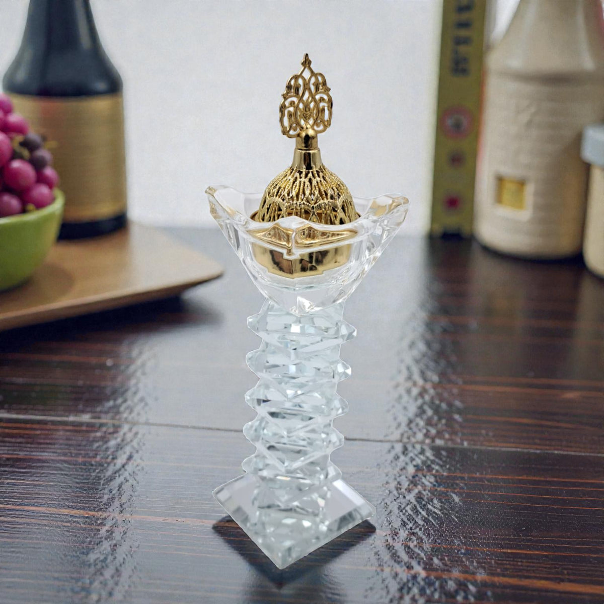 Luxury Crystal Mibkhara Incense Burner – Black or White Glass with Gold Lid, Decorative Bakhoor Burner for Home & Majlis (21H x 6L × 6W CM) - Damoo