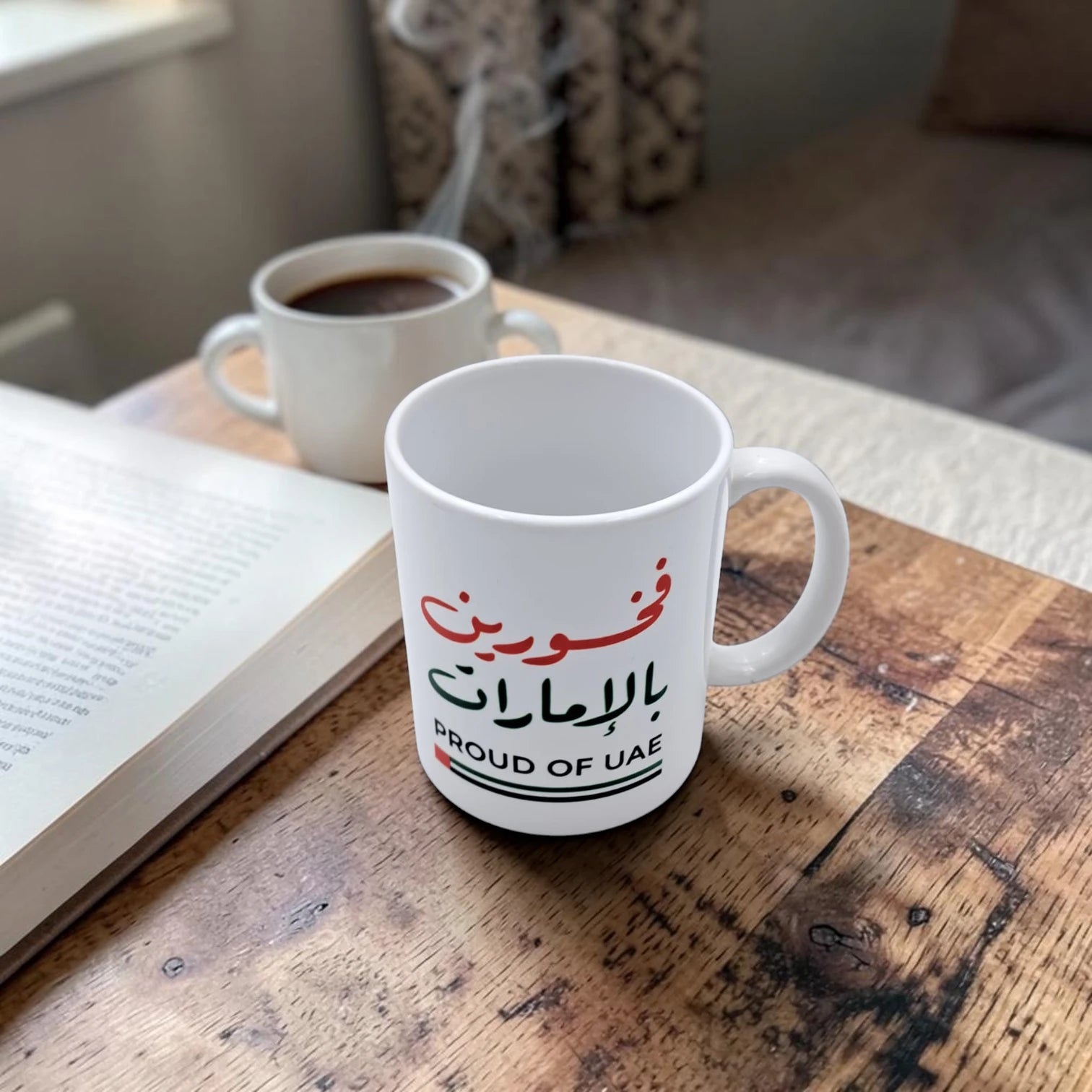Proud of UAE Ceramic Coffee Mug with Arabic Calligraphy, National Day Celebration Tea Cup, 325ml Ceramic Drinking Mug for Home, Office and Gift Giving (9H x 12L x 8W CM)