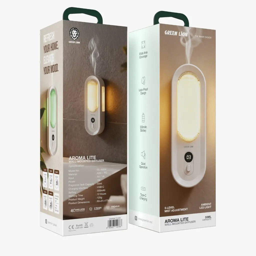 موزع العطور المثبت على الحائط GREEN LION AROMA LITE – سعة 55ML، ضبط الرذاذ بـ5 مستويات، إضاءة LED وشاشة رقمية، أبيض بمقبض أخضر