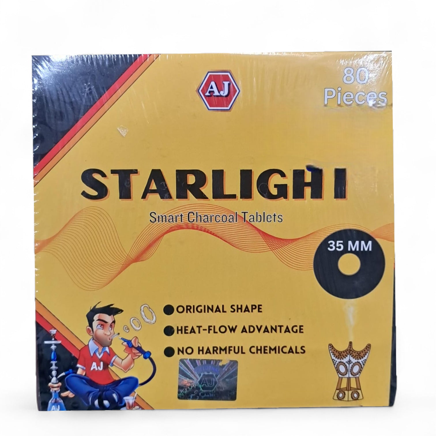 AJ Starlight Smart Charcoal Tablets | 35mm Quick-Light Charcoal for Shisha & Bakhoor | 80 Pieces | Original Shape, Heat-Flow Advantage, No Harmful Chemicals