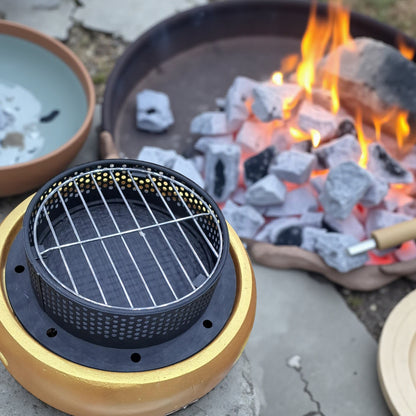Premium Golden Charcoal BBQ Grill – Portable Round Tabletop Barbecue Stove – Durable Cast Design with Ventilation – W33 x H24 cm