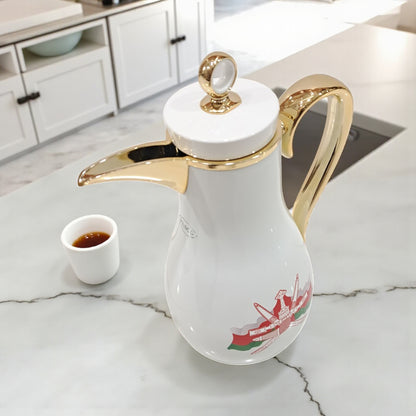 PILSCO with the official Oman Emblem Vacuum Flask Set (1L + 0.7L) – White & Gold Arabic Dallah Style Thermal Jug | Elegant Double Wall Insulated Coffee & Tea Flask Set - Damoo