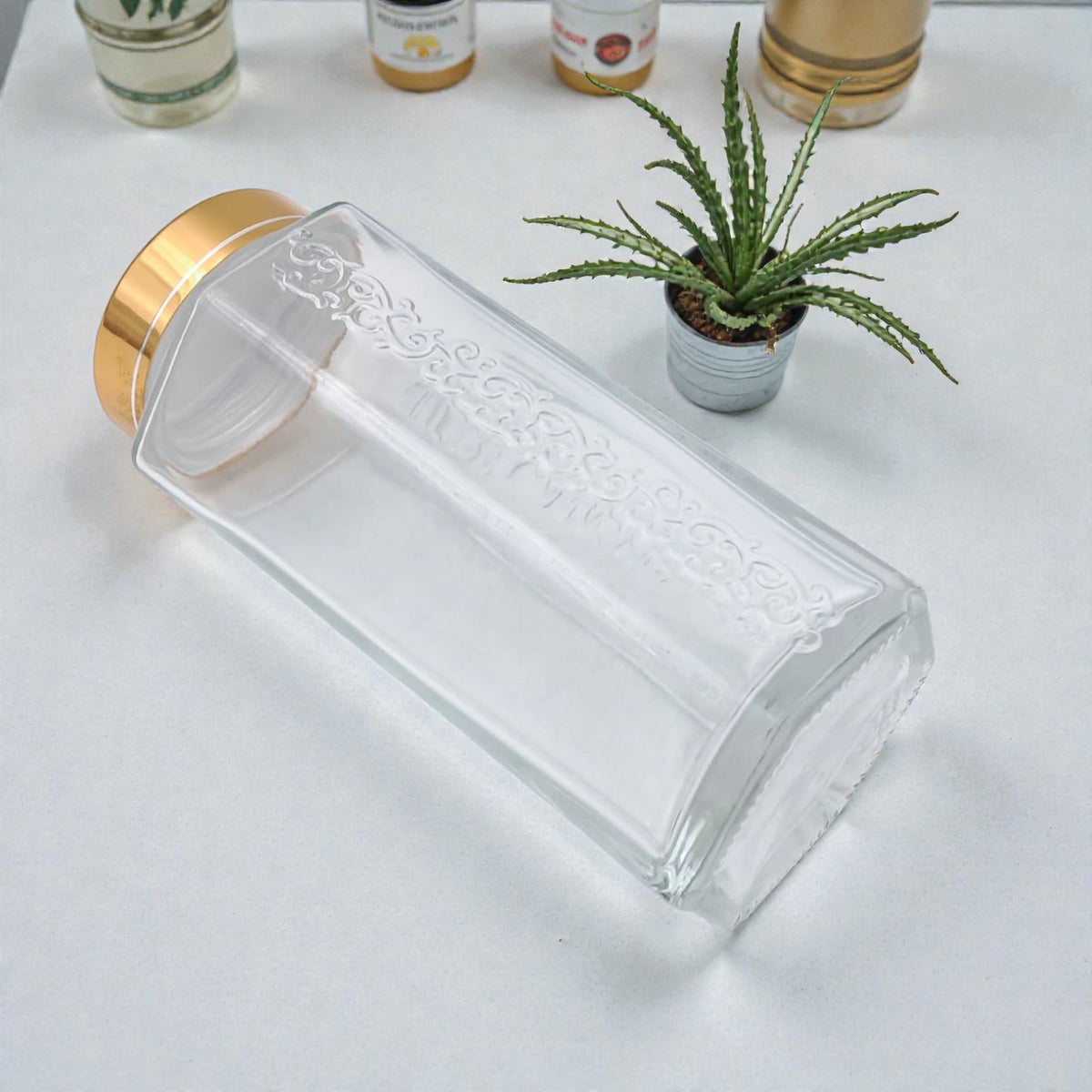Pasabahce Homemade Glass Storage Jar with Golden Lid – Clear & Gold Airtight Food Container for Kitchen, Spices, Dry Goods – Premium Embossed Design (17H x 8W × 8L CM | Cap 4.5 CM) - Damoo