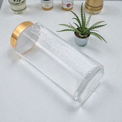 Pasabahce Homemade Glass Storage Jar with Golden Lid – Clear & Gold Airtight Food Container for Kitchen, Spices, Dry Goods – Premium Embossed Design (17H x 8W × 8L CM | Cap 4.5 CM) - Damoo