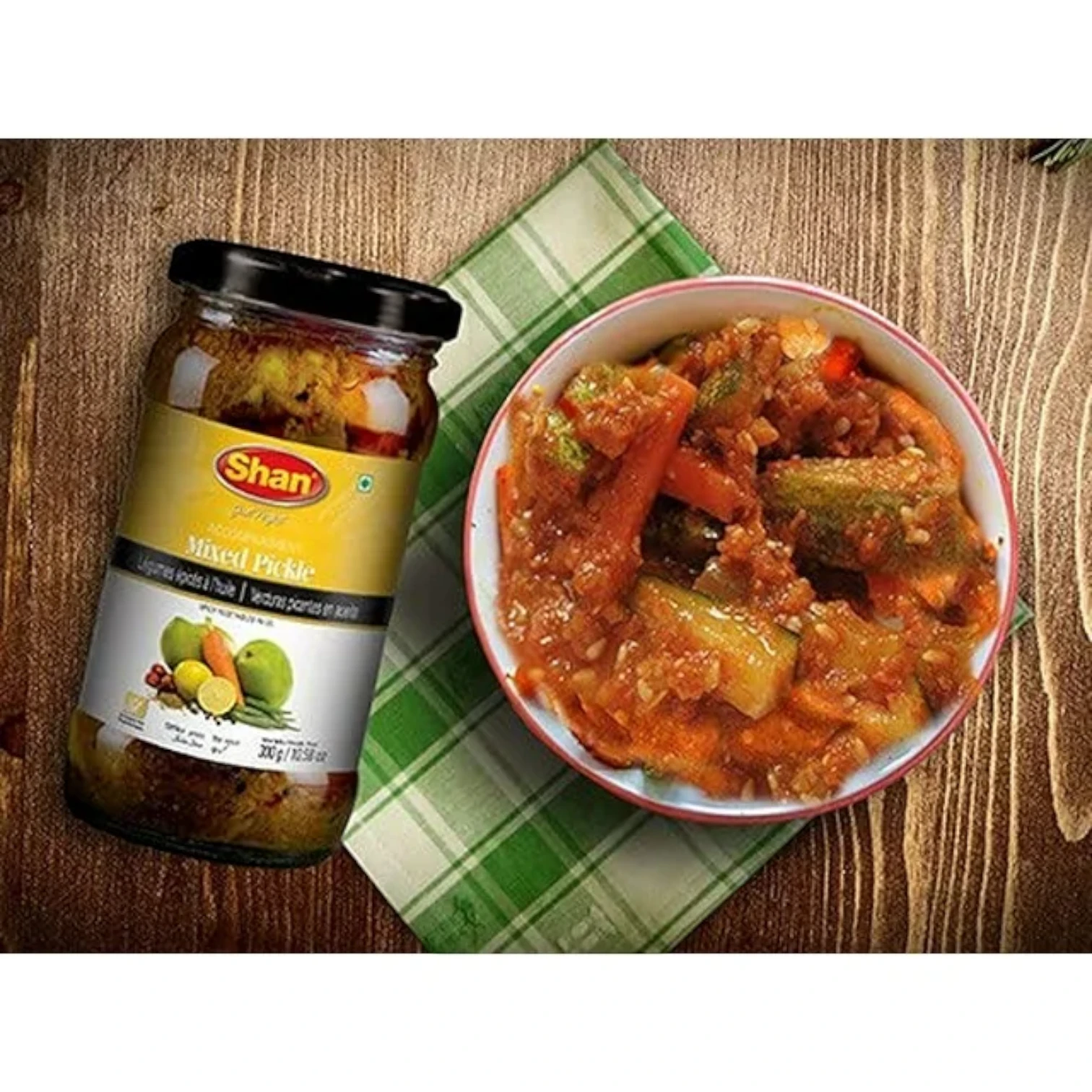 Shan Mixed Pickle 300g – Spicy & Tangy Assorted Vegetable Achar | Authentic Indian Pickle with Bold Aromatic Spices | Halal, Allergen-Free, Vegetarian-Friendly | Glass Jar Pack Made in India - Damoo