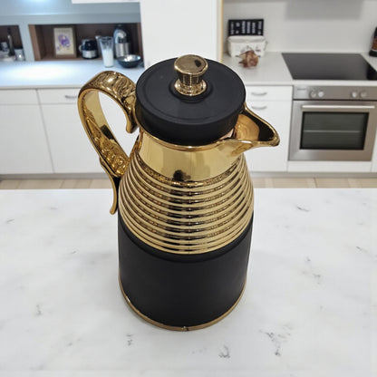 GERMAX Original Gold & Black Vacuum Flask 1L – Arabic Coffee & Tea Thermos | PINK Glass Refill | 12H Heat Retention | Luxury Gold Handle Design | Made in P.R.C. - Damoo