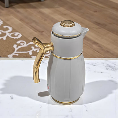 GERMAX Arabic Vacuum Flask 1.0L – light gray flask Golden Lid | Premium PP Plastic Thermo Coffee & Tea Pot | Keeps Drinks Hot for 12 Hours & Cold for 24 Hours - Damoo