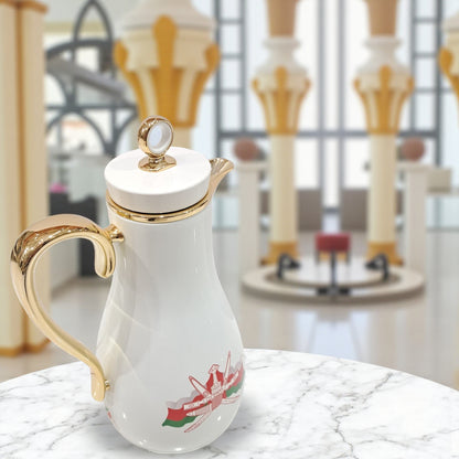 PILSCO with the official Oman Emblem Vacuum Flask Set (1L + 0.7L) – White & Gold Arabic Dallah Style Thermal Jug | Elegant Double Wall Insulated Coffee & Tea Flask Set - Damoo