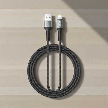 BWOO USB-A to Lightning Fast Charging Data Cable 2M – 3.0A Output, Nylon Braided, High-Speed 480Mbps Sync, Durable Aluminum Shell – Black