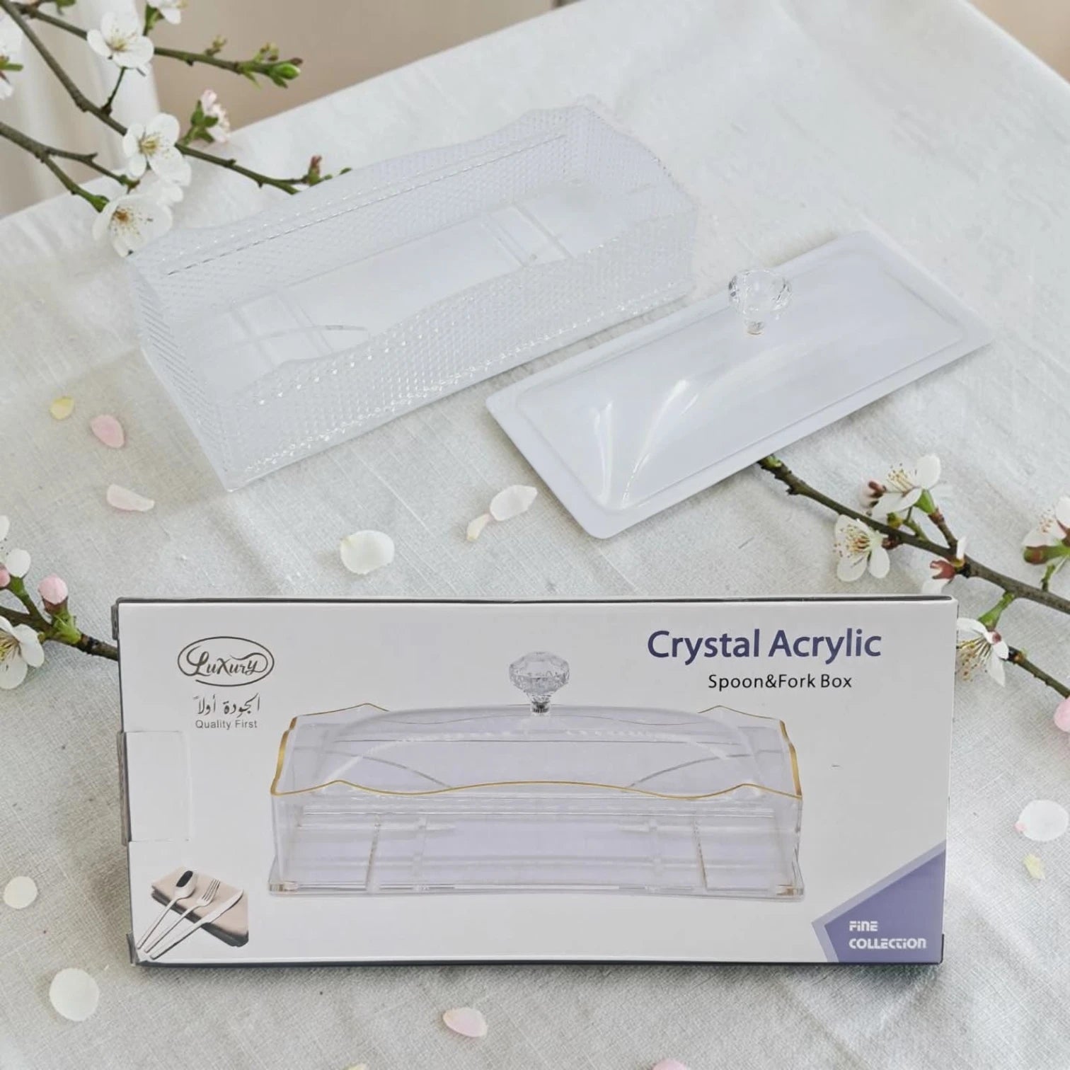 Luxury Crystal Acrylic Cutlery Holder Box with Cover, Transparent Spoon & Fork Storage Organizer, Kitchen Countertop Utensils Holder - Damoo