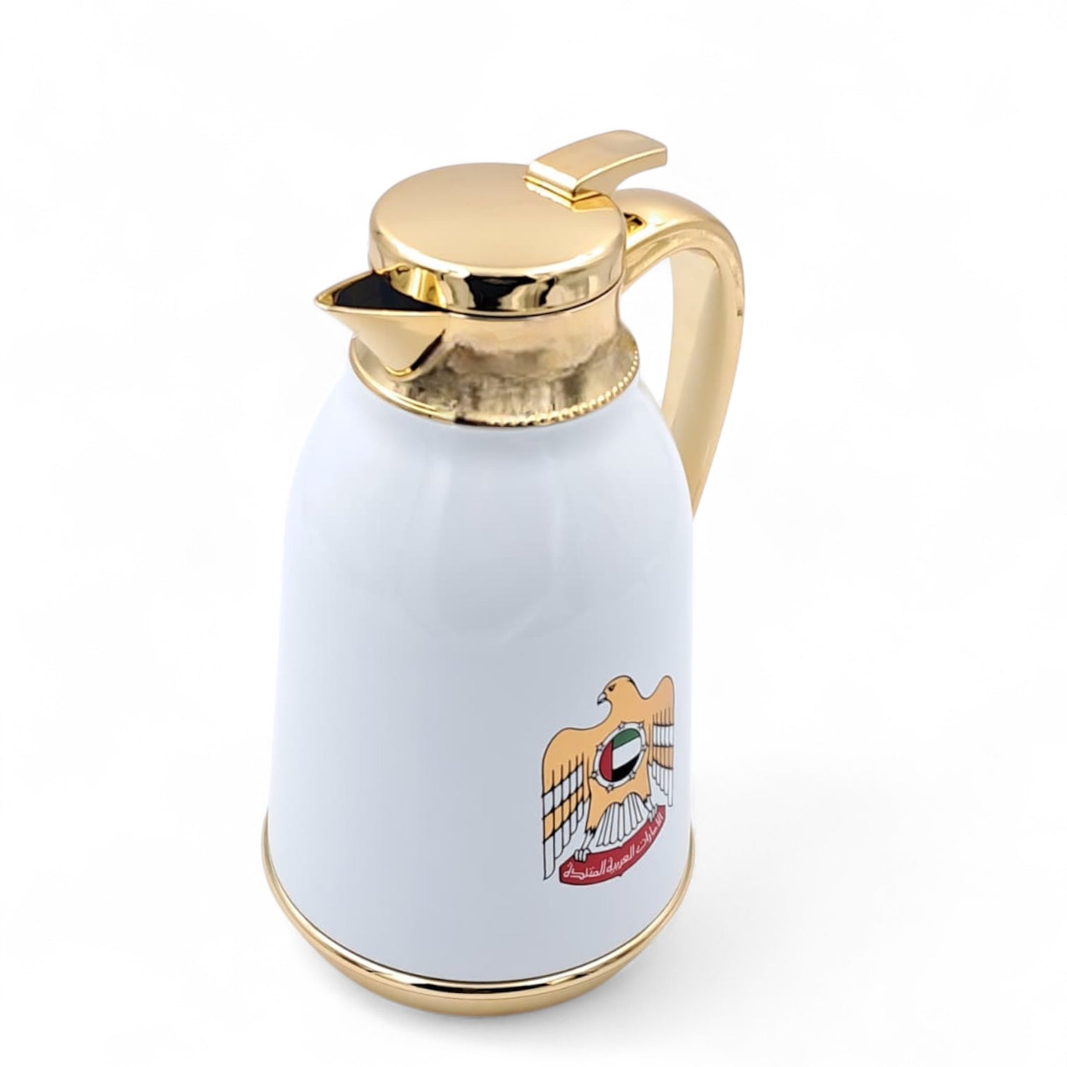 NGT 1.0L UAE National Emblem Vacuum Flask – Premium Gold & White Thermos for Coffee & Tea – Elegant Arabic Dallah Design for Hot & Cold Drinks - Damoo
