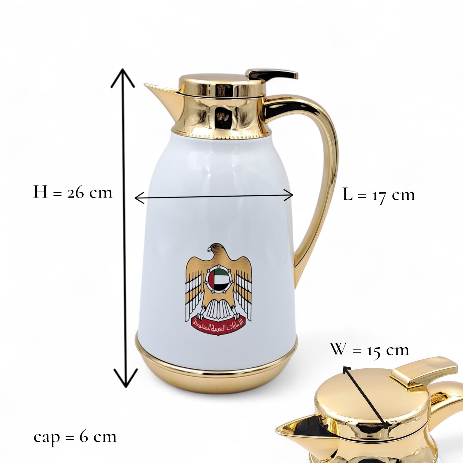 NGT 1.0L UAE National Emblem Vacuum Flask – Premium Gold & White Thermos for Coffee & Tea – Elegant Arabic Dallah Design for Hot & Cold Drinks - Damoo