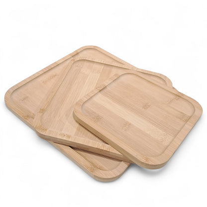 Premium Natural Bamboo Serving Tray Set – 3-Piece Square Wooden Platters for Coffee, Snacks & Home Décor - Damoo