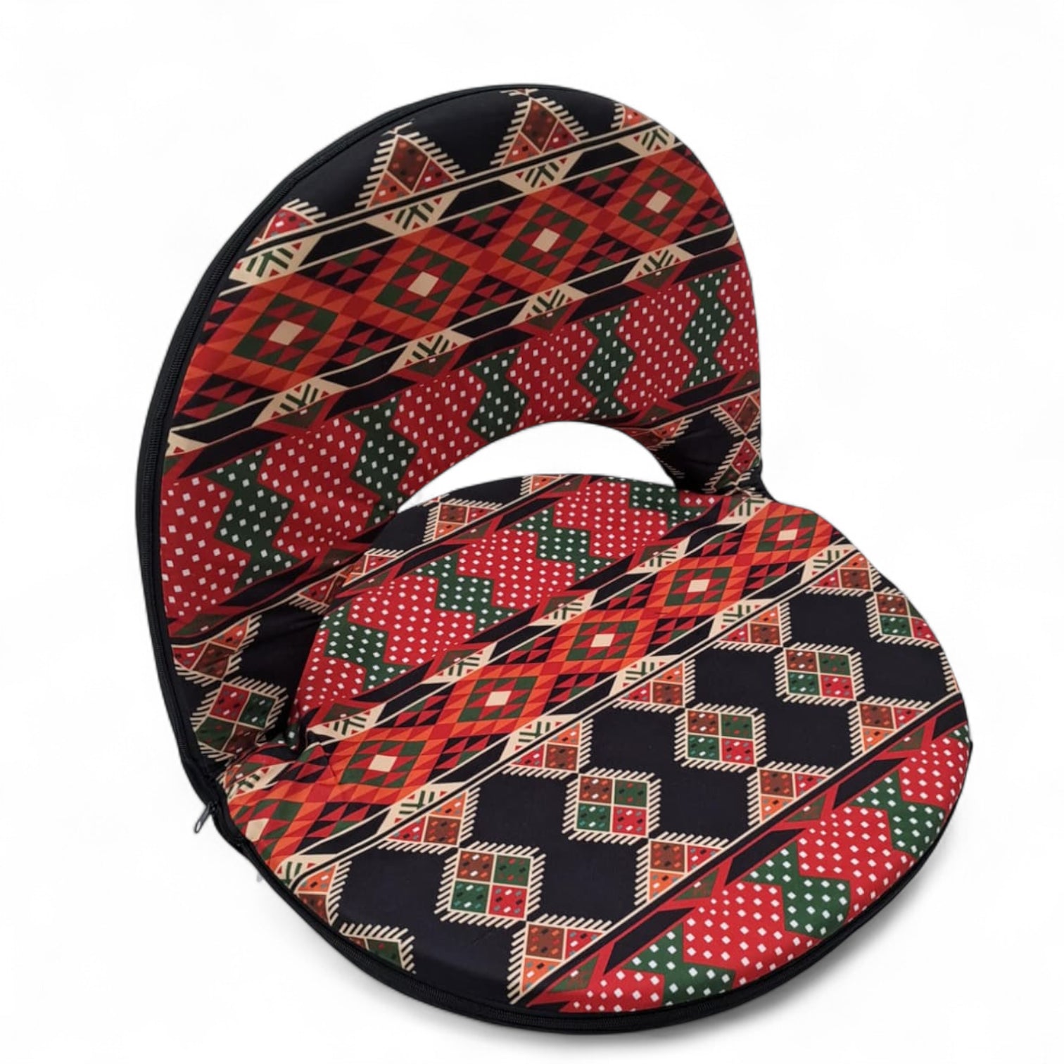 Folding Floor Chair with Backrest – Portable Cushion Seat for Gaming, Meditation, Camping & Home – Tribal Black & Red Pattern – W49 x H42 x L52 cm