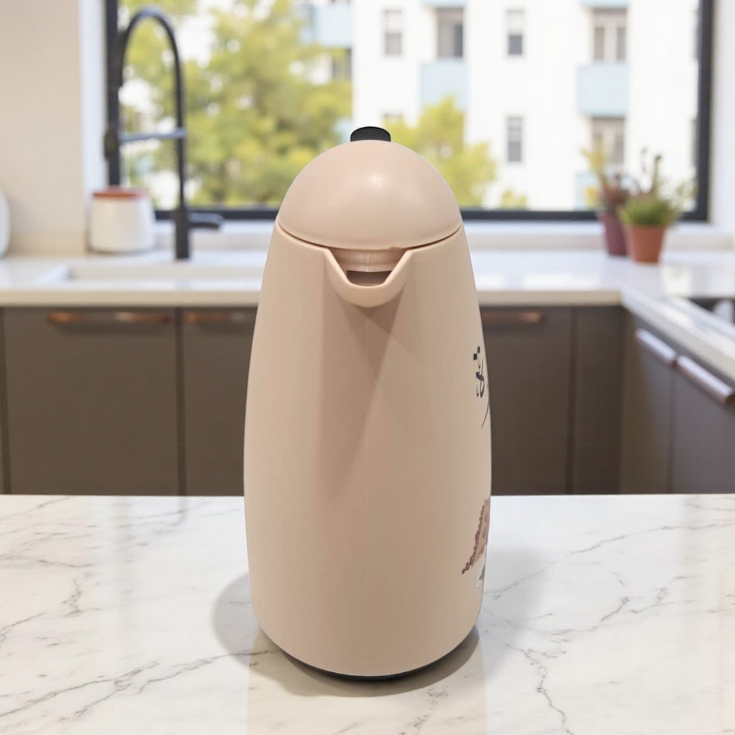 Crystal House Beige Thermos Flask – Arabic Coffee Design | Double-Wall Insulated Dallah Style Flask for Hot & Cold Drinks - Damoo