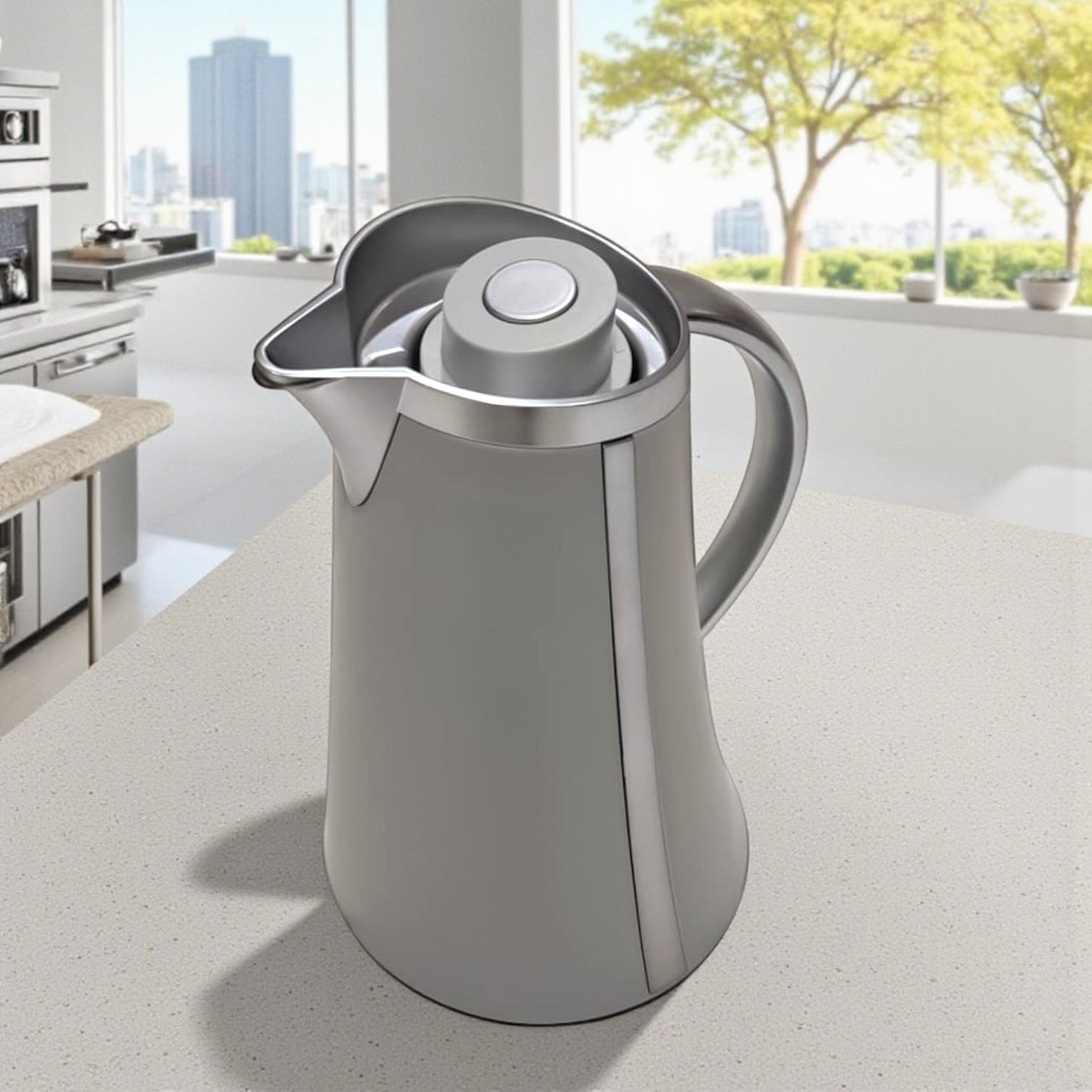 Germax Original Vacuum Insulated Coffee Pot 1L – Nordic Grey Thermo Jug | 12H Heat, 24H Cold | Leakproof One-Press Lid | High Quality Made in P.R.C. - Damoo