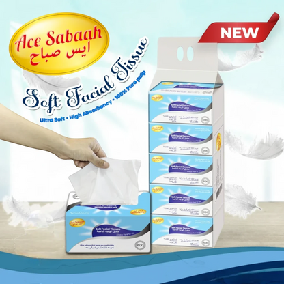 Ace Sabaah Soft Facial Tissues, 600 Sheets per Box (Pack of 5) | Ultra Soft, Sterilized & Silky Touch Tissues - Damoo
