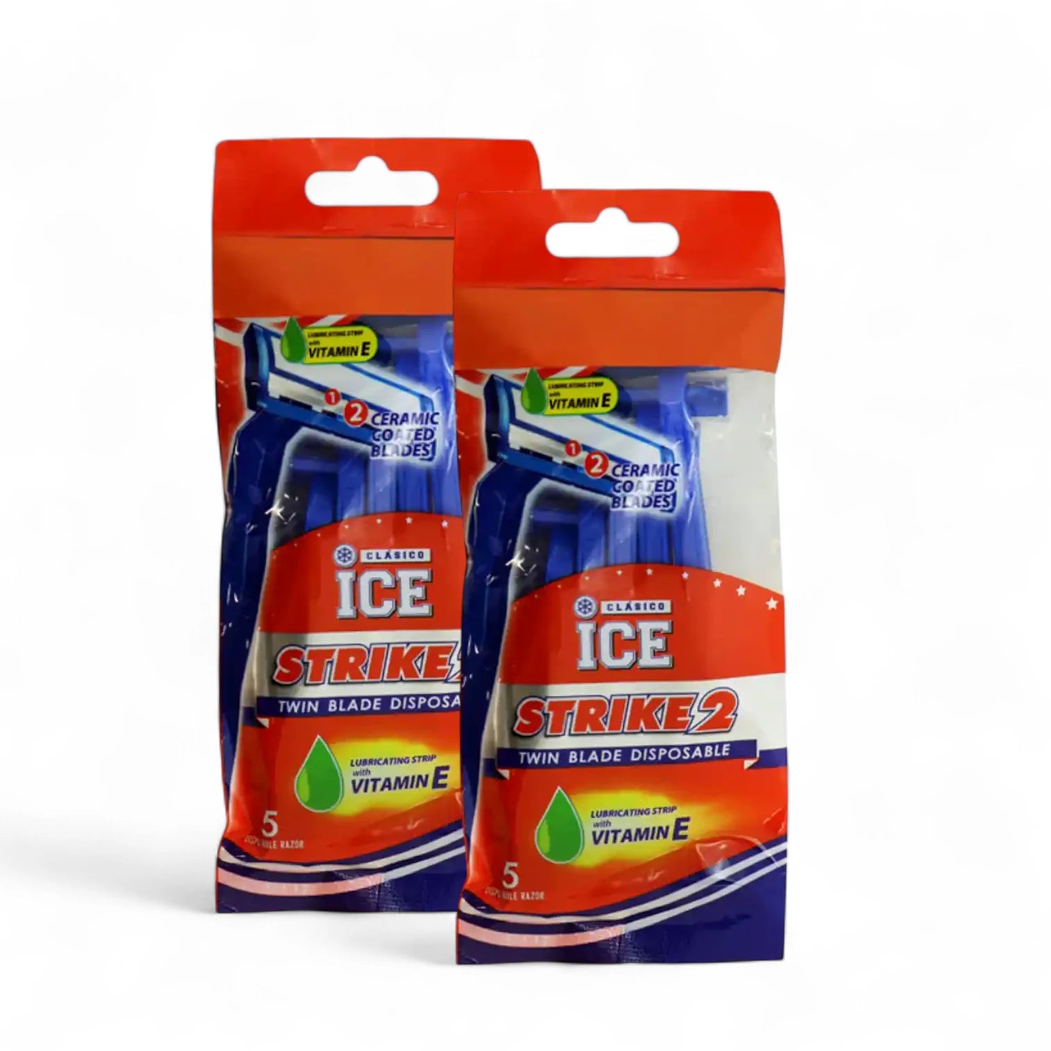 Clasico Ice Strike Disposable Razors – Twin Ceramic-Coated Blades, Vitamin E Lubricating Strip & Long Handle – Pouch of 5 - Damoo