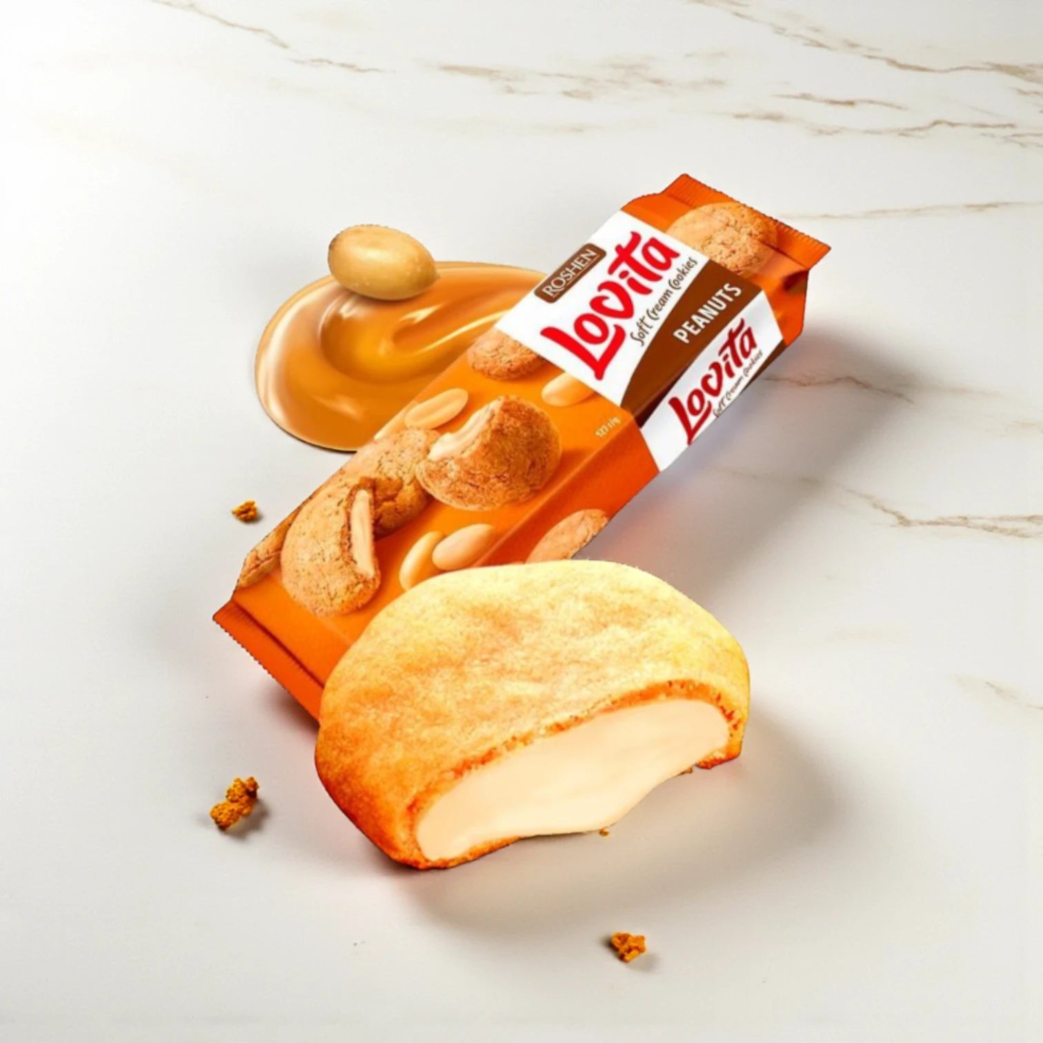 ROSHEN Lovita Soft Cream Cookies with Peanut Butter Filling – 3 x 127g Packs | Ukrainian Sweet Treat | Soft, Chewy Texture & Nutty Delight | Great Gift or Snack - Damoo