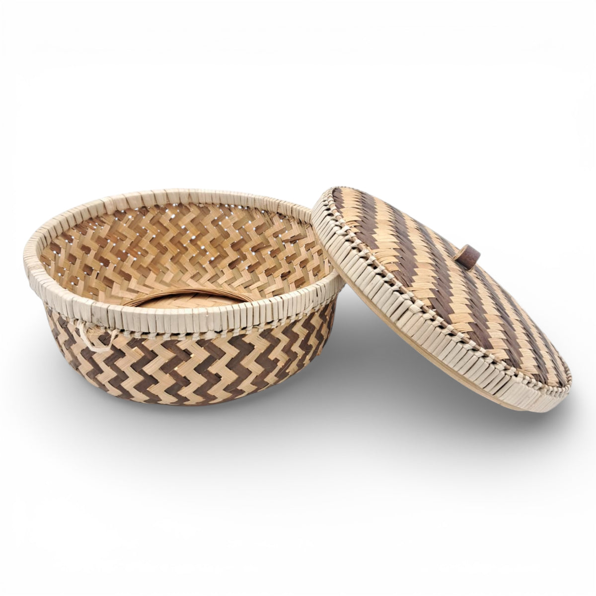 Handwoven Round Bamboo Basket with Lid – Natural Decorative Storage & Serving Bowl (15H x 22L × 22W CM) - Damoo