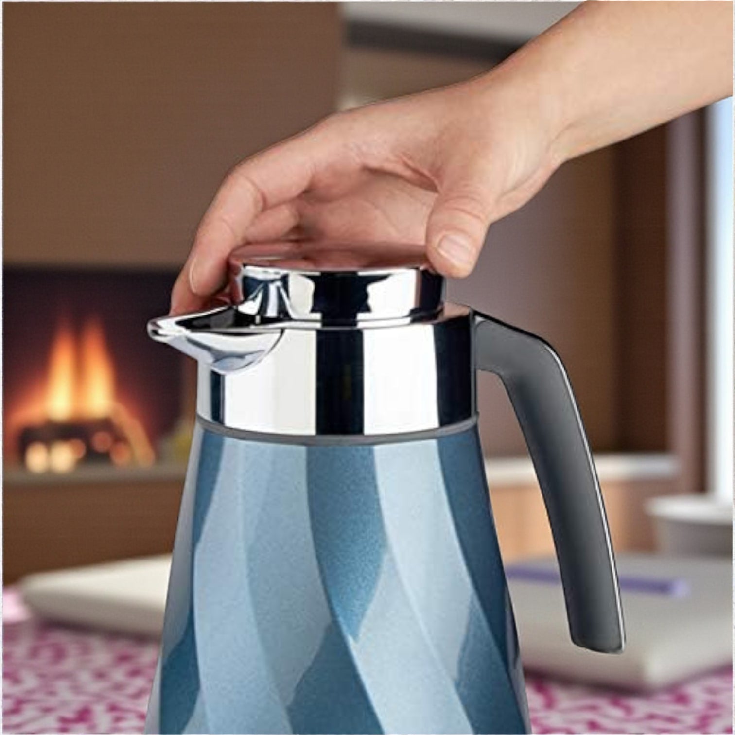 Emsa Cone Thermal Jug Swirl 1 L – Metallic Blue / Silver | Premium German-Made Vacuum Flask with Glass Liner for Hot & Cold Drinks - Damoo