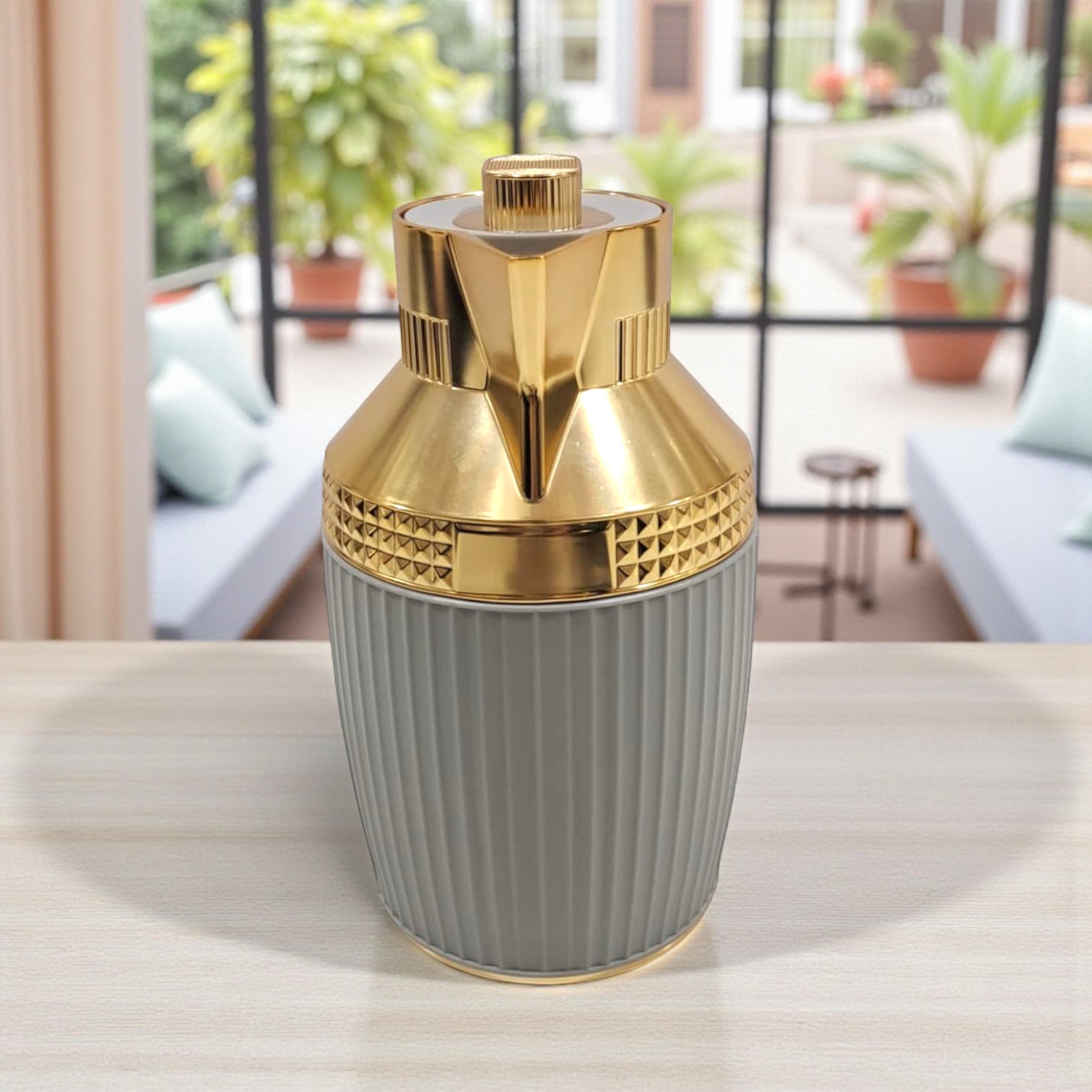 GERMAX Original Gold & Grey Vacuum Flask 1L – Luxury Insulated Arabic Coffee & Tea Thermos | Premium Glass Liner | 12H Heat / 24H Cold Retention | Modern Geometric Design - Damoo