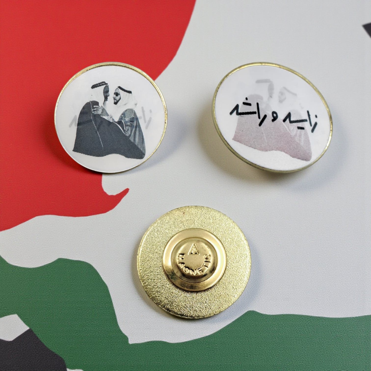 Sheikh Zayed & Sheikh Rashid Round Gold UAE Pin Badge – Magnetic Commemorative National Day Brooch | 3cm Collectible Enamel Lapel Pin - Damoo