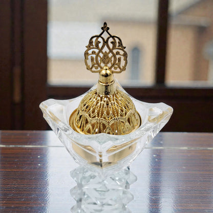 Luxury Crystal Mibkhara Incense Burner – Black or White Glass with Gold Lid, Decorative Bakhoor Burner for Home & Majlis (21H x 6L × 6W CM) - Damoo