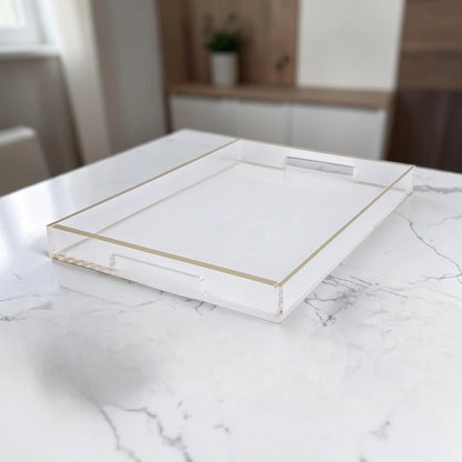 Clear Acrylic Serving Tray with Gold & Silver Edge Design – Modern Rectangular Organizer Tray (4H x 45L x 30W CM) - Damoo