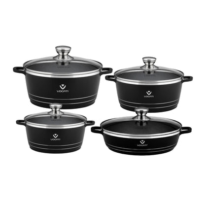 VOGATI 8Pcs Black Titanium Granite Cookware Set with Lids | Nesting Pots with Handles for Everyday Cooking