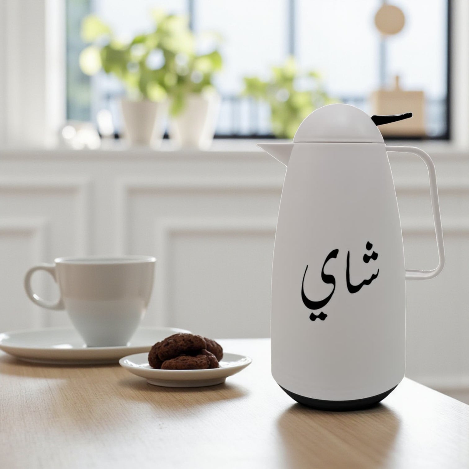 White Tea Thermos 1L – Elegant Arabic Calligraphy Design | Insulated Flask for Hot & Cold Beverages | Modern Minimalist Style - Damoo