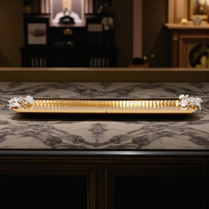 Luxury Hammered Gold Rectangular Serving Tray with Silver Floral Handles – Stainless Steel Decorative Tray for Elegant Dining and Home Décor - Damoo