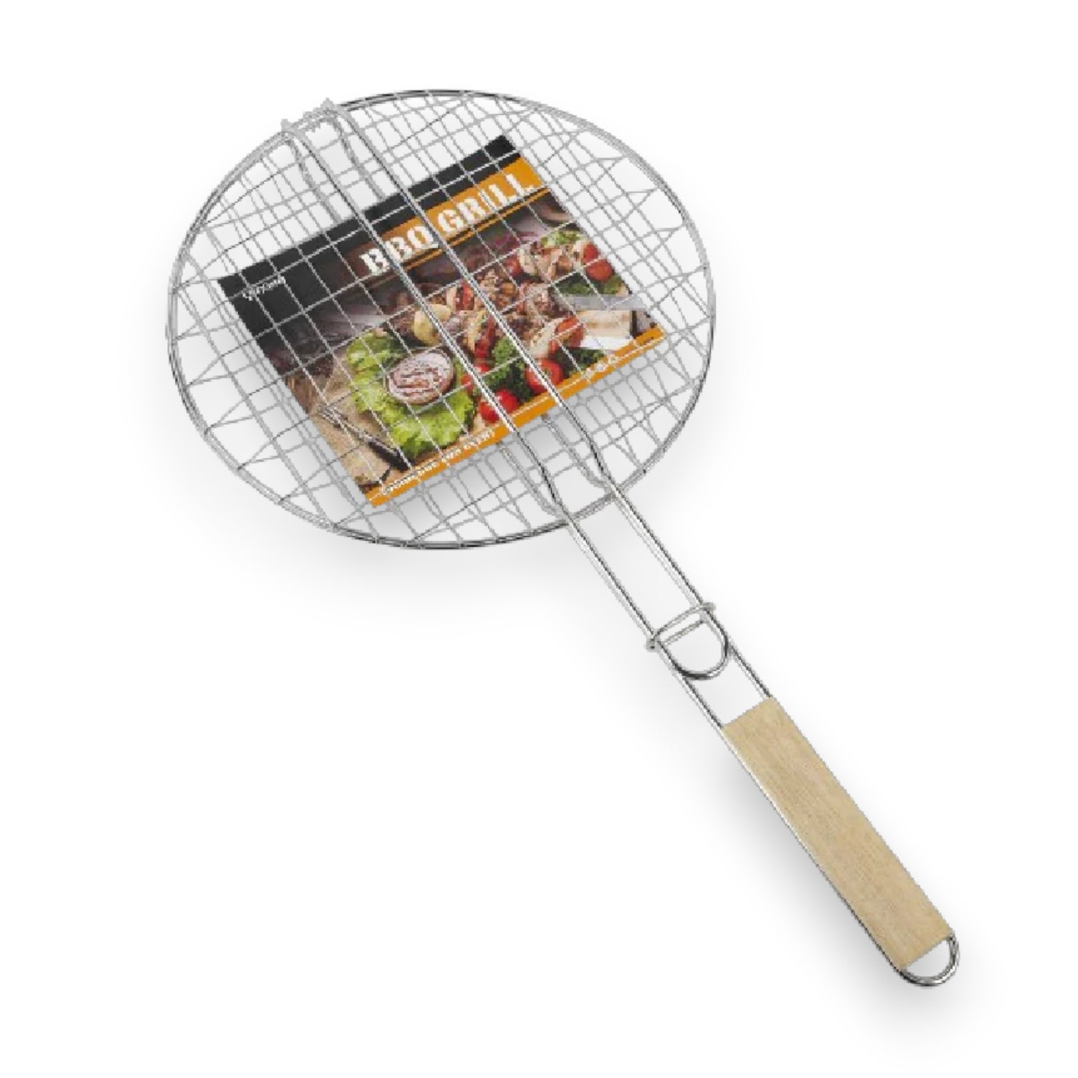 Qingin Round BBQ Grill Basket – 31cm Burger Barbecue Net with Wooden Handle, Portable Stainless Steel Barbecue Mesh for Outdoor Grilling