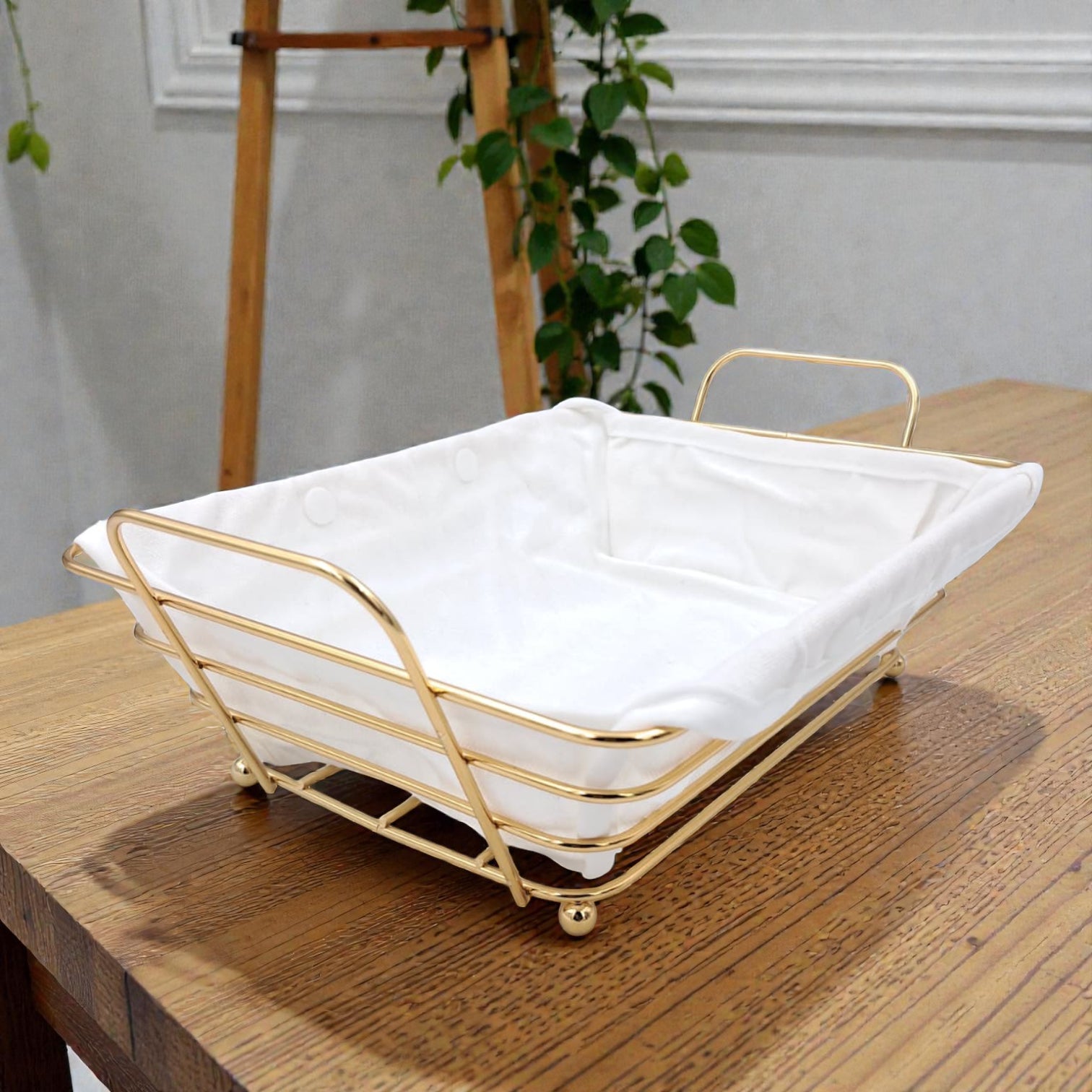 Gold Metal Bread Basket with Fabric Liner – Rectangular Modern Serving Basket (10H x 30L × 19.5W CM) - Damoo