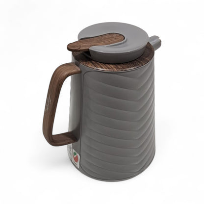 1L Premium Insulated Thermos with Wood-Style Handle | Double Wall Flask for Hot & Cold Beverages | Modern Grey Design for Home, Office & Travel - Damoo