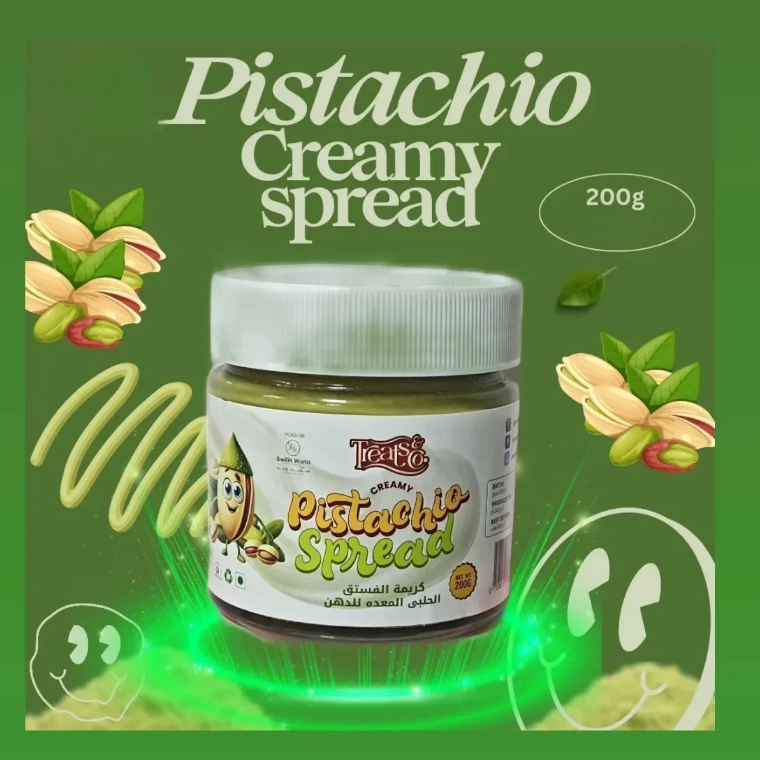 Treats & Co. Creamy Pistachio Spread | Rich & Nutty Green Delight | 200g | Natural, Halal, Vegetarian | Perfect for Toasts, Desserts & Baking - Damoo