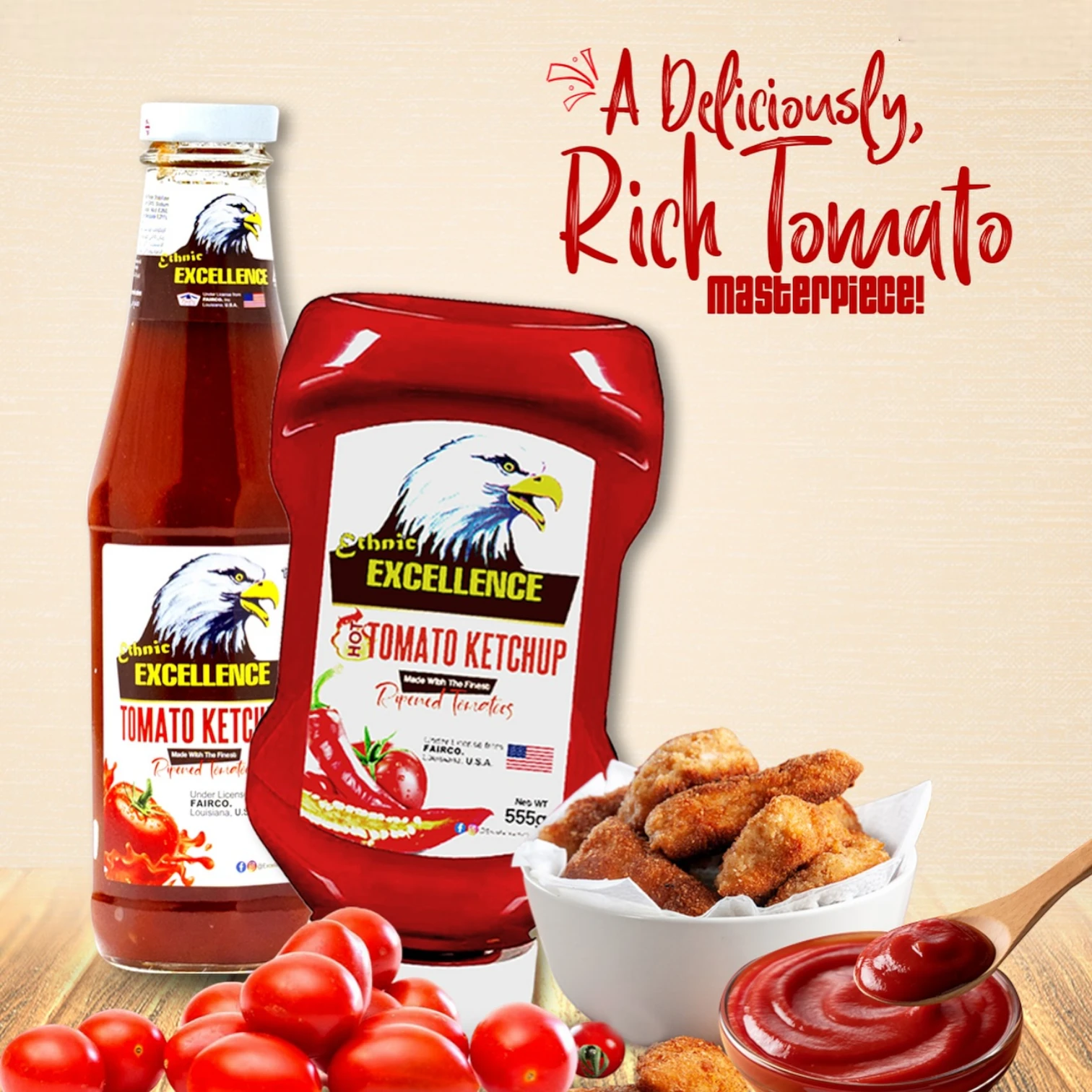 Excellence Ethnic Tomato & Hot Tomato Ketchup Combo Pack – 2 x 555g Squeezy Bottles | Rich, Spicy, & Sweet Flavors | No Trans Fat or Cholesterol | Ideal for Dips, Marinades & Condiments - Damoo