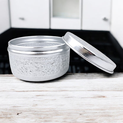 Engraved Aluminum Storage Container with Lid – Traditional Middle Eastern Decorative Box for Spices, Jewelry & Dry Foods (H 8cm × L 15cm × W 15cm) - Damoo