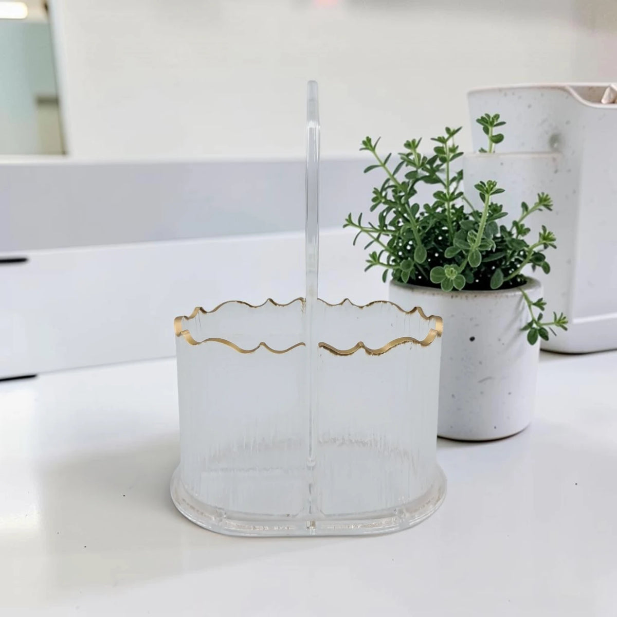 Orchid Acrylic Cutlery Holder with 2 Compartments, Gold Trim Utensil Organizer Stand for Spoons Forks Knives & Napkins, Multi-Purpose Kitchen Countertop Storage Caddy - Damoo