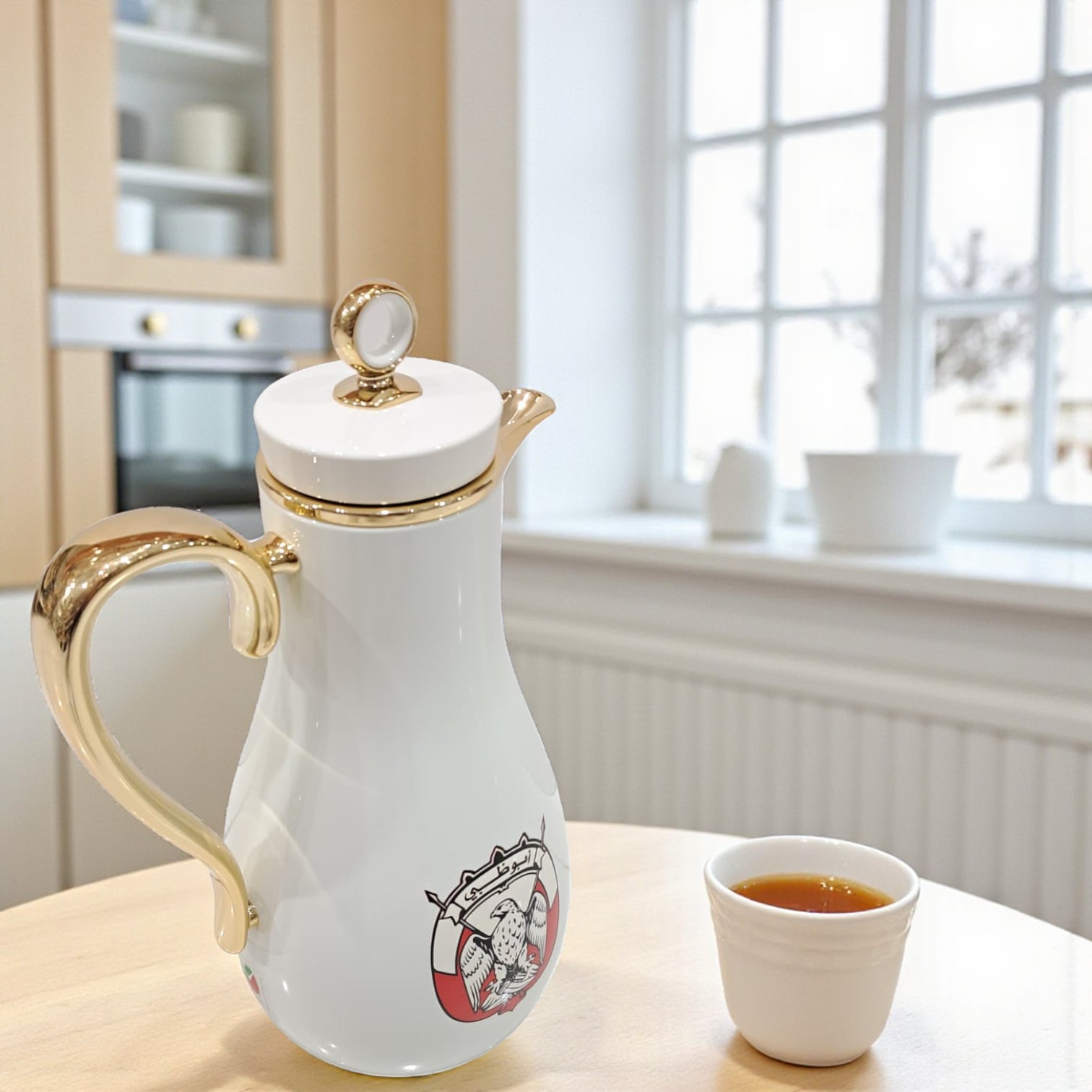 PILSCO Abu Dhabi Logo Vacuum Flask Set (1L + 0.7L) – White & Gold Arabic Coffee & Tea Thermos | Double Wall Insulated | Elegant UAE Emblem Design - Damoo