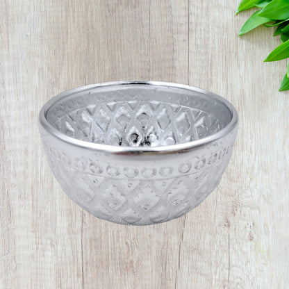 Thai Engraved Aluminum Sugar & Date Bowl with Lid | Silver & Gold | 8.5cm | Hospitality Dish for Sweets, Dates, Sugar & Arabic Coffee Service