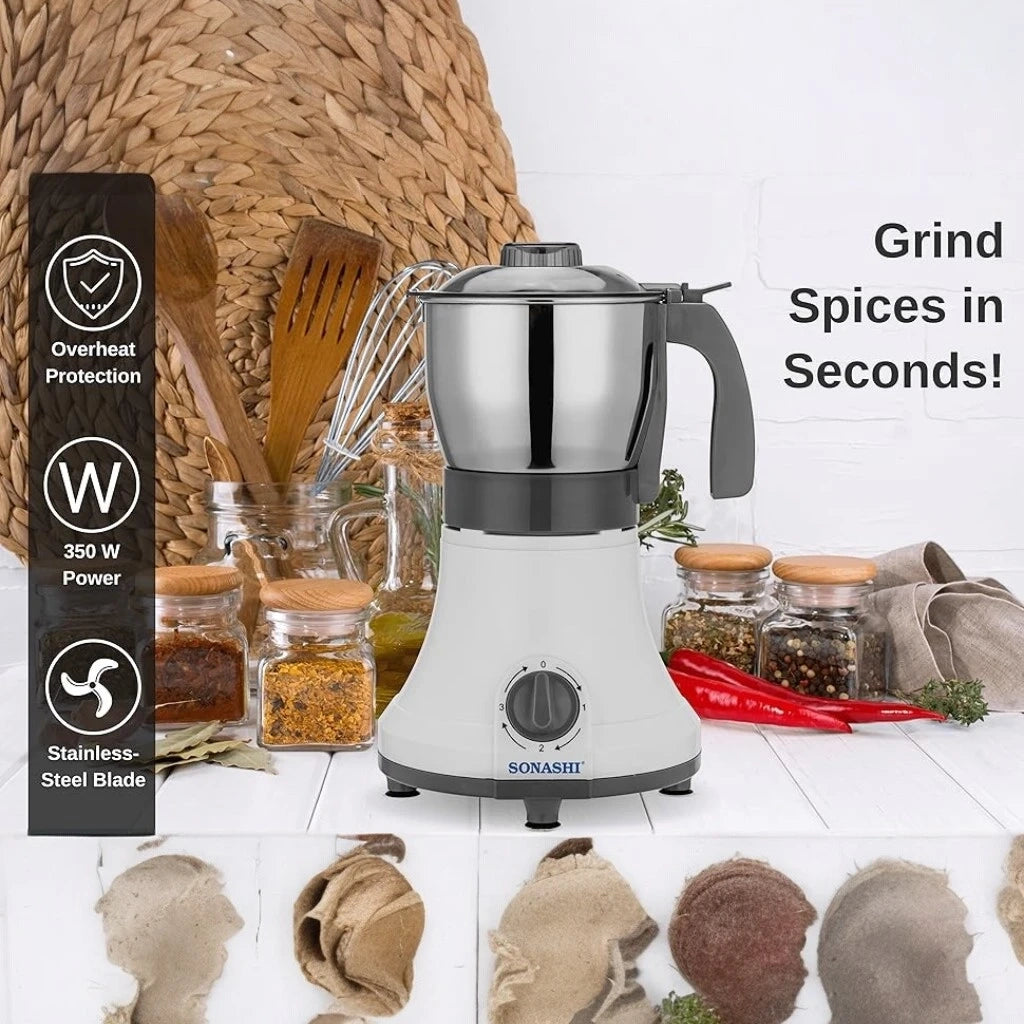 Sonashi Coffee/Spice Grinder – 0.8L, Detachable Stainless Steel Jar, 3-Speed Mixer Grinder, Overheat Protection, 350W Electric Coffee Bean Grinder, Ideal for Spices, Nuts & Dried Fruits – White/Silver/Grey - SCG-4006 - Damoo