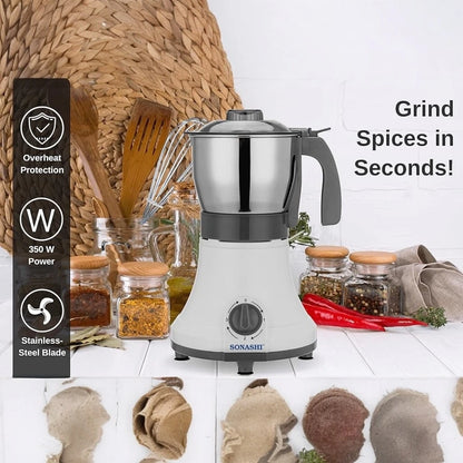Sonashi Coffee/Spice Grinder – 0.8L, Detachable Stainless Steel Jar, 3-Speed Mixer Grinder, Overheat Protection, 350W Electric Coffee Bean Grinder, Ideal for Spices, Nuts & Dried Fruits – White/Silver/Grey - SCG-4006 - Damoo