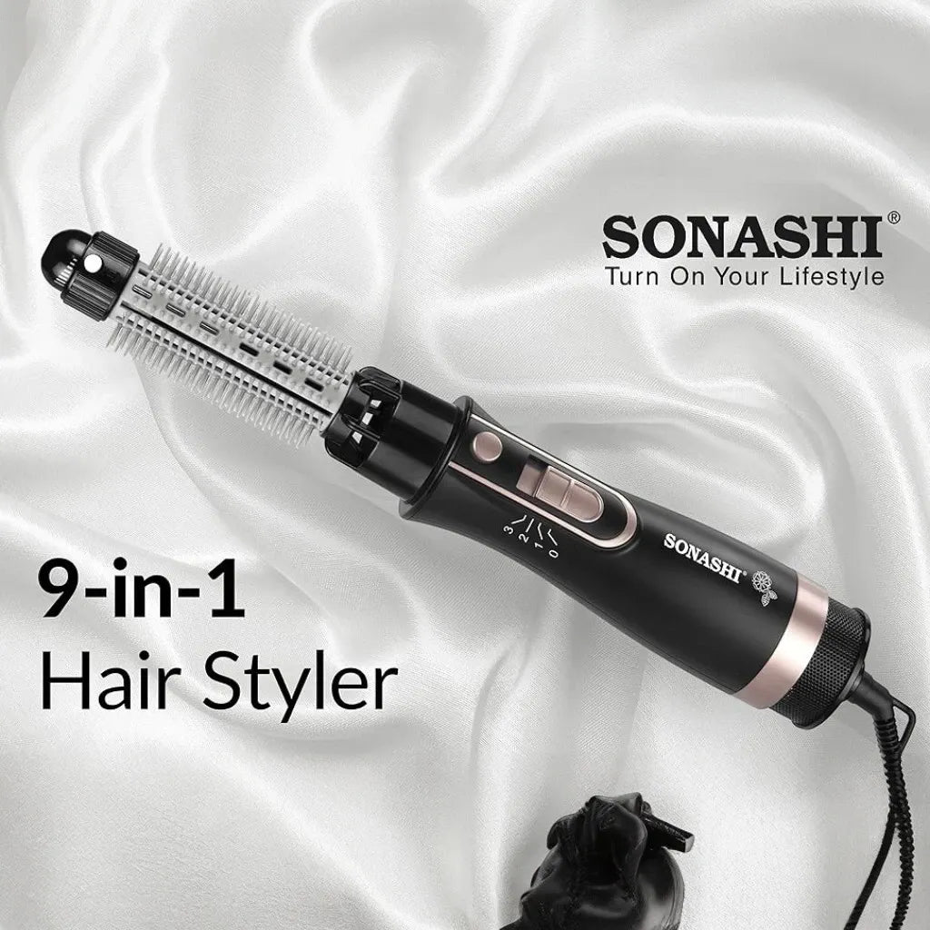 Sonashi 9-in-1 Hair Styler – 800W, 3 Speed Temperature Settings, 8 Detachable Heads, Quick Heat Up, Tangle-Free Cord – All-in-One Hair Tool for Curling, Straightening, Volumizing, Metal Finish, Black - SHS-2091 - Damoo
