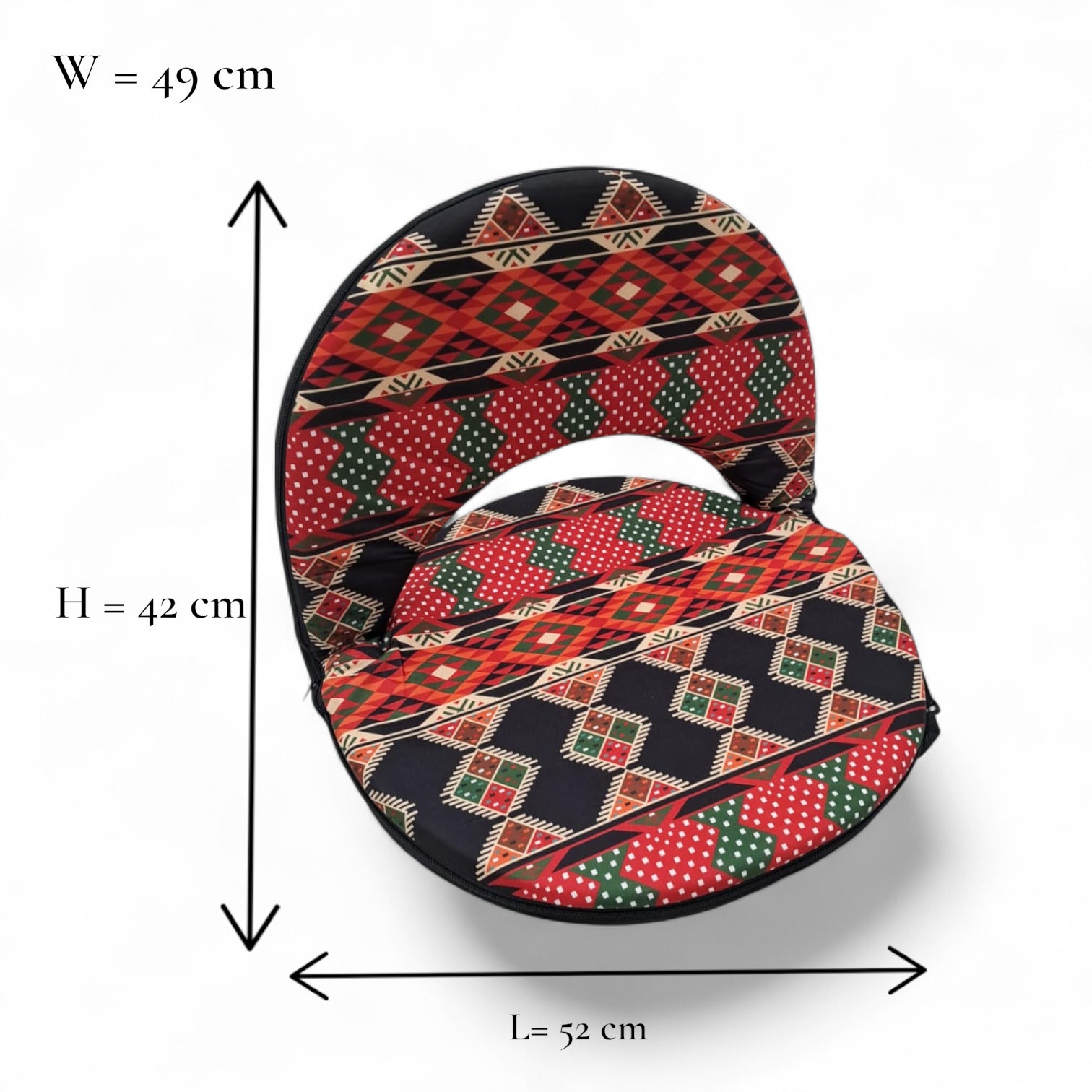 Folding Floor Chair with Backrest – Portable Cushion Seat for Gaming, Meditation, Camping & Home – Tribal Black & Red Pattern – W49 x H42 x L52 cm