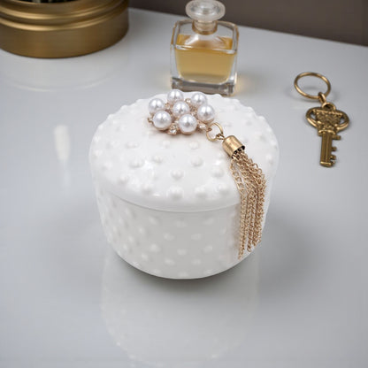 Elegant Porcelain Jewelry Box with Pearl & Crystal Lid – White Round Decorative Trinket Holder with Golden Tassel Accent