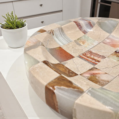 Modern Travertine & Onyx Stone Tray – Handcrafted Checkered Decorative Plate for Jewelry, Keys & Home Décor (H2.5 x 20L × 20W CM) - Damoo