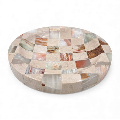 Modern Travertine & Onyx Stone Tray – Handcrafted Checkered Decorative Plate for Jewelry, Keys & Home Décor (H2.5 x 20L × 20W CM) - Damoo