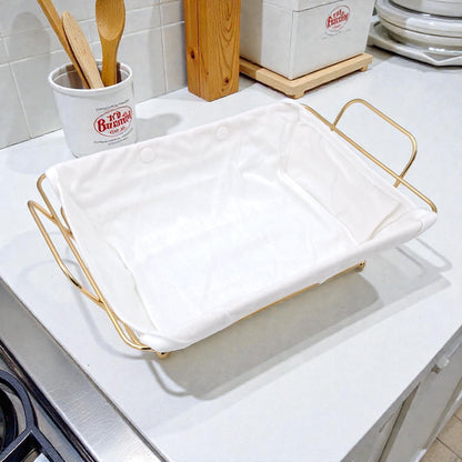 Gold Metal Bread Basket with Fabric Liner – Rectangular Modern Serving Basket (10H x 30L × 19.5W CM) - Damoo